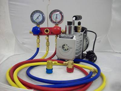 Vacuum pump rotary 2.6 cfm & charging manifold R134 kit