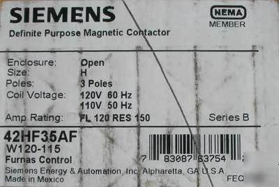 Siemens furnas 42HF35AF magnetic contactor 120A 3P 120V