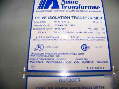 Acme 63.0 kva drive isolation transformer dthb-63-45 