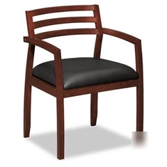 Basyx wood guest chairs with black leather seat slatt
