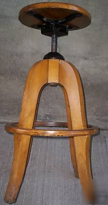 Vtg.industrial adj.wood drafting stool with foot rest 