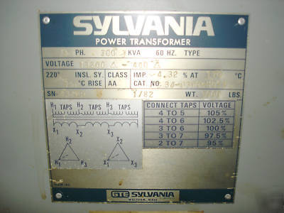Gte sylvania power transformer, 300 kva
