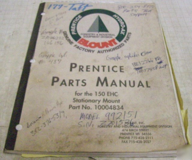 Prentice 1999 150HC stationary mount loader parts book