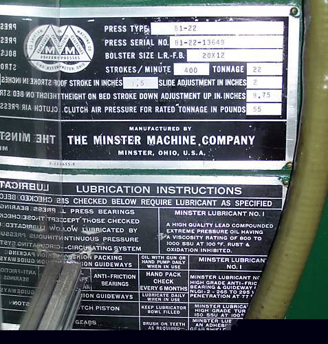 Minster 22 ton high speed obi punch press,vamco feed, 