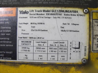 Yale lift truck forklift model GLC120MJNGAF084 