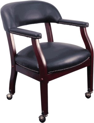 Black vinyl reception chair with brass nail head trim