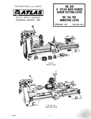Atlas 6 inch no. 618 lathe manual instructions & parts