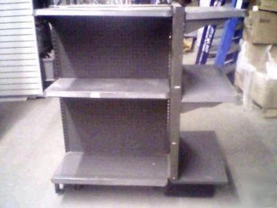 3 sided gondolas w/ wheels gray store fixtures & hooks 