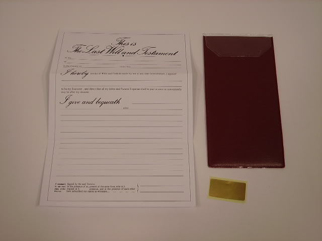 Last will and testament form with cover and seal label