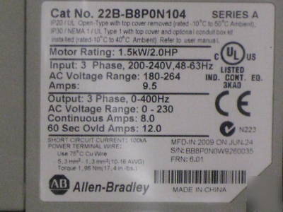 New allen bradley 22B-B8P0N104 powerflex 40 2.0 hp ** **