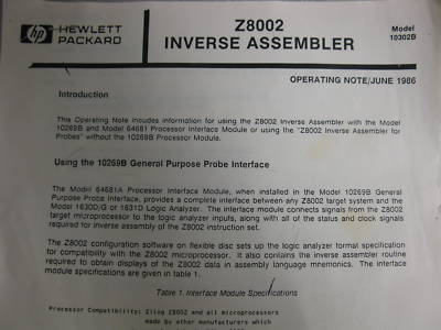 Hp Z8002 inverse assembler model 10302B probe interface