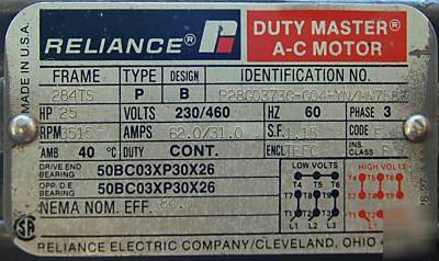 New reliance 25 hp 3515 rpm 3 phase motor surplus