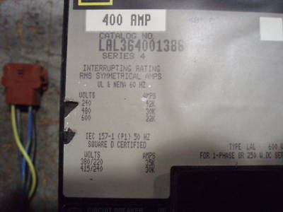 Square d 400 amp 3 phase circuit breaker shunttrip/aux