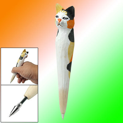 Wooden cat shaped shell blue ink ballpoint ball pen