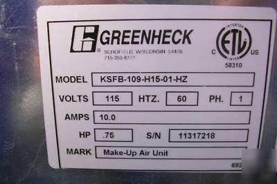 Greenheck make up air unit model ksfb-109