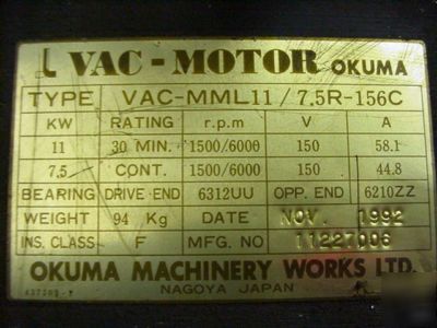 Okuma l vac / ac spindle motor vac-MML11/7.5R-156C cnc