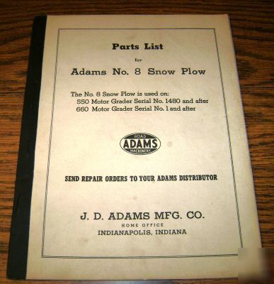 Adams 8 motor grader snow plow parts catalog manual