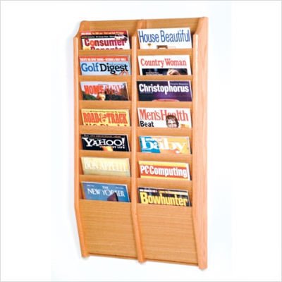 Fourteen pocket wall mount magazine rack wood light oak