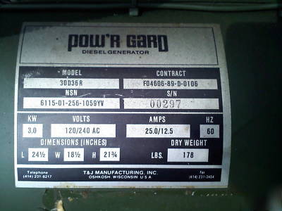 Diesel generator 3KW small .3 gpm electric+ pull start 