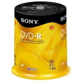 100 sony dvd-r 16X recordable dvd 4.7GB disc spindle