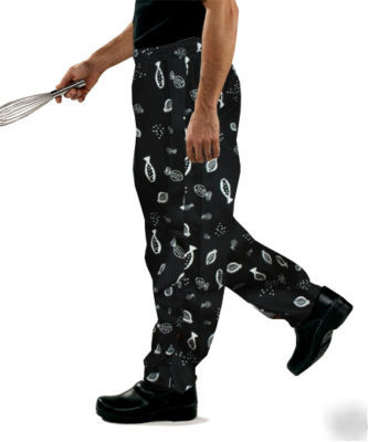 New baggy chef pants black & white fish x-small xs irr