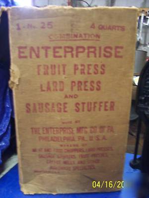 Enterprise 4 qt label sausage stuffer lard fruit press 