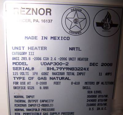 New reznor V3 natural gas 300,000 btu heater UDAP300 