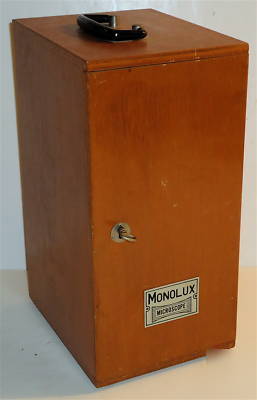 Monolux vintage microscope in wood box w/many extras 