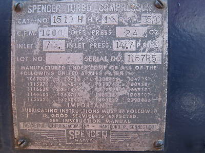 Spencer turbine company 1510 h 10 h.p. 1000 c.f.m.