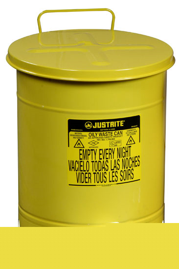 Justrite 2 gallon yellow oily waste can