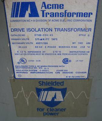 Acme transformer 34KVA 575 delta/460Y/266 v 34 kva 