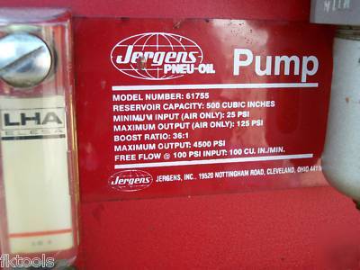 Jergens 61755 air powered hydraulic pump air over water