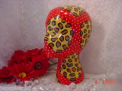 Ooak mannequin head red leopard dot hat wig display fun