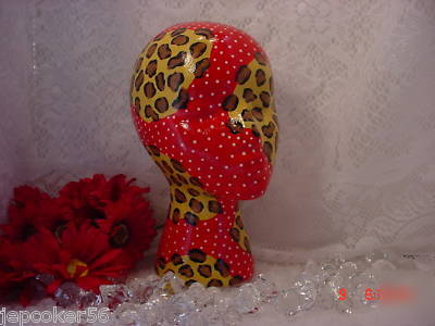 Ooak mannequin head red leopard dot hat wig display fun