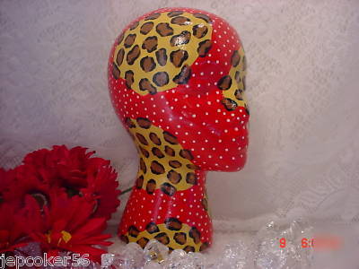 Ooak mannequin head red leopard dot hat wig display fun