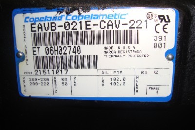 Copeland eavb-021E-cav-221 2 hp 1 ph ac compressor