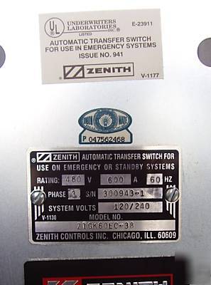 Zenith 600 amp automatic transfer switch