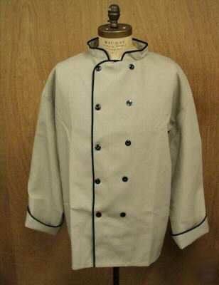 Khaki chef coats d / black trim and buttons pick size