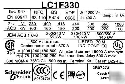New telemecanique LC1F330 non-reversing iec contactor