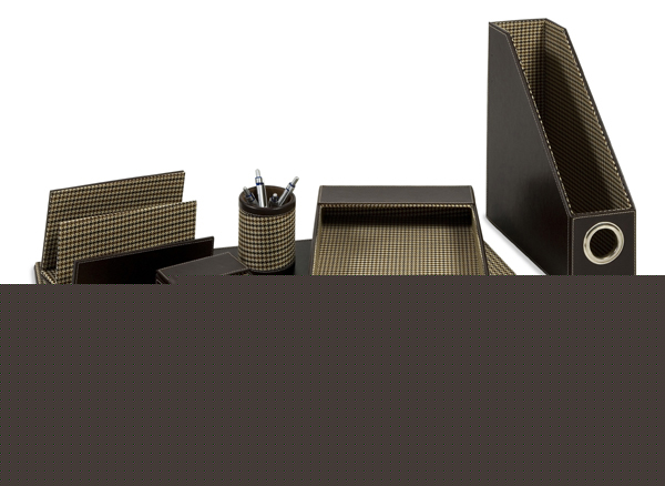 Lot of 6 handsome espresso houndstooth desk accessories