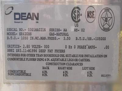 Used dean 40 lb. natural gas deep fryer SR42GNS