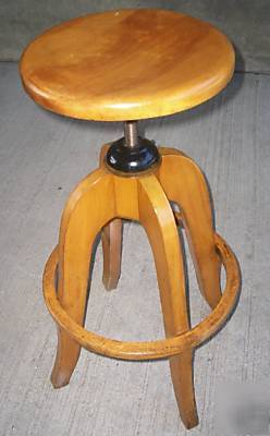 Vtg.industrial adj.wood drafting stool with foot rest 