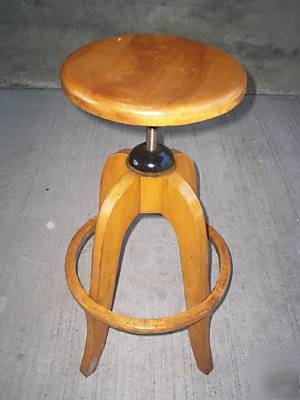 Vtg.industrial adj.wood drafting stool with foot rest 