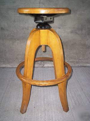 Vtg.industrial adj.wood drafting stool with foot rest 