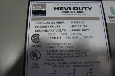 Egs sola hevi-duty HT5F9AS 9 kva 480 delta transformer