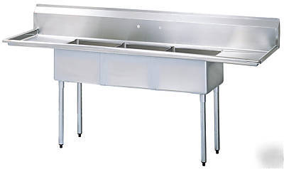 Stainless steel triple sink w/ drainboard on the left