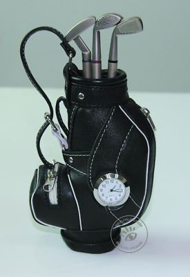 Novelty gift golf bag desktop pen holder,club pen,clock