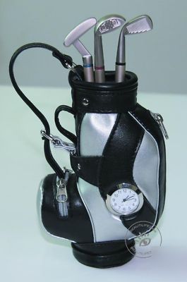 Novelty gift golf bag desktop pen holder,club pen,clock