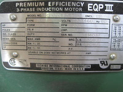 Toshiba eqp iii industrial 3~ac induction motor 10HP 