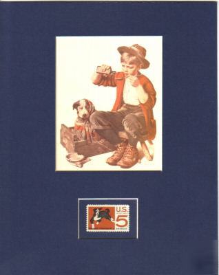 Boy & sick puppy print, animal treatment postal stamp